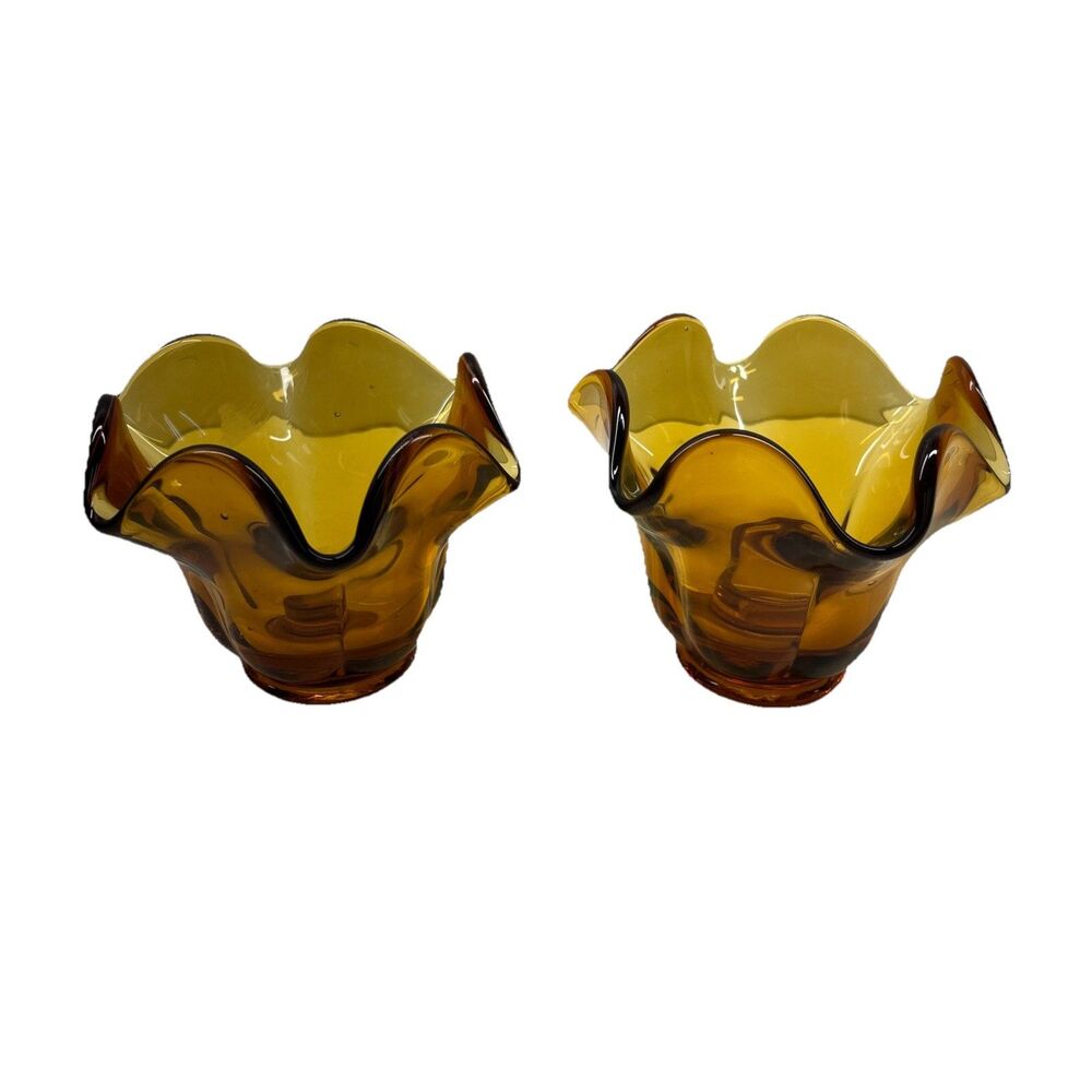 LOT OF 2 LARGE HEAVY HANDBLOWN AMBER DEPRESSION GLASS CANDLE HOLDERS